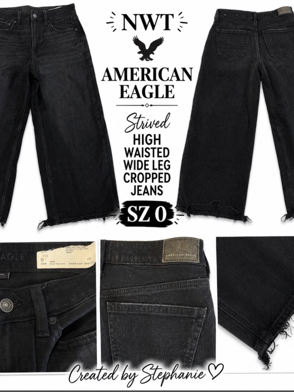 NWT American Eagle Outfitters Black High-Waisted Wide Leg Cropped Jeans Sz 0